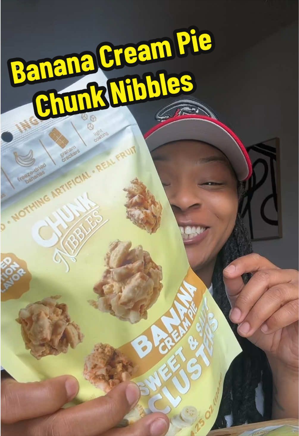 TikTok post by @munchwithdes for Chunk Nibbles. Caption reads: Banana Cream Pie Chunk Nibbles 😳🍌 Sweet, salty,....