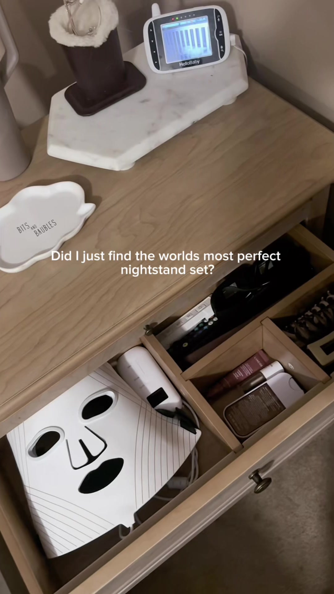 TikTok post by @lexy_gonzales for Hulalahome. Caption reads: Built in outlet & a pullout tray for cozy mornings....