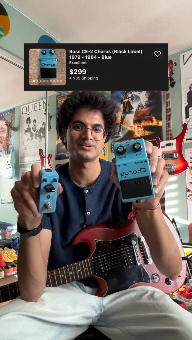 Instagram post by @mynameisnotdrewww for Reverb. Caption reads: $30 vs. $300 chorus pedal! #guitar #nirvana....