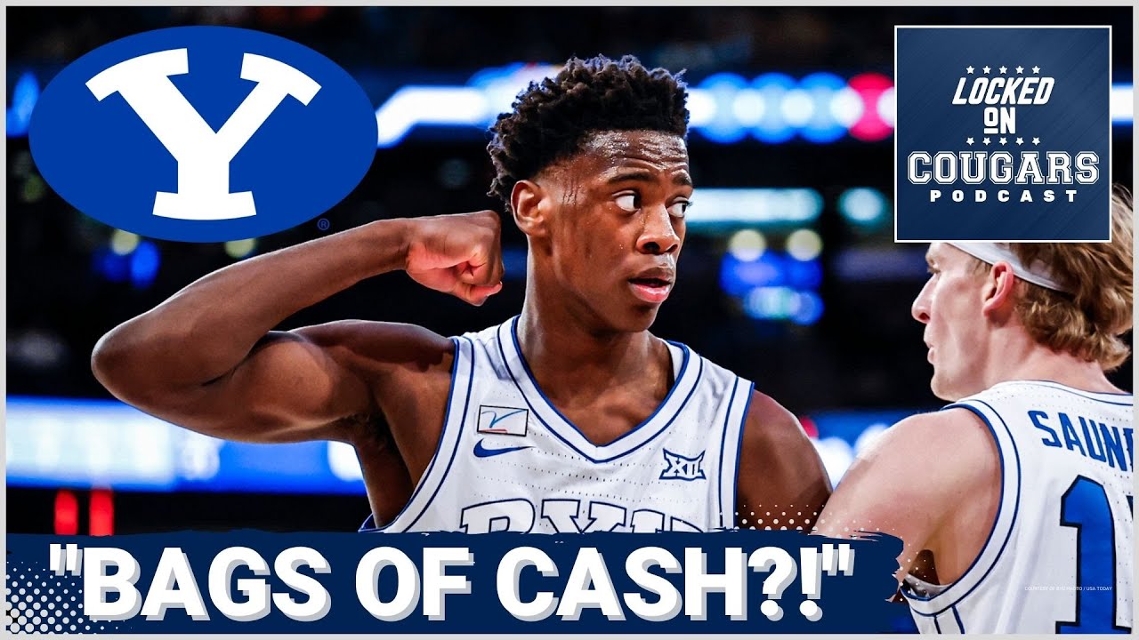 YouTube post by @LockedOnCougars for Omaha Steaks. Caption reads: BYU Basketball's "Walking Bags of Cash" Drama:....