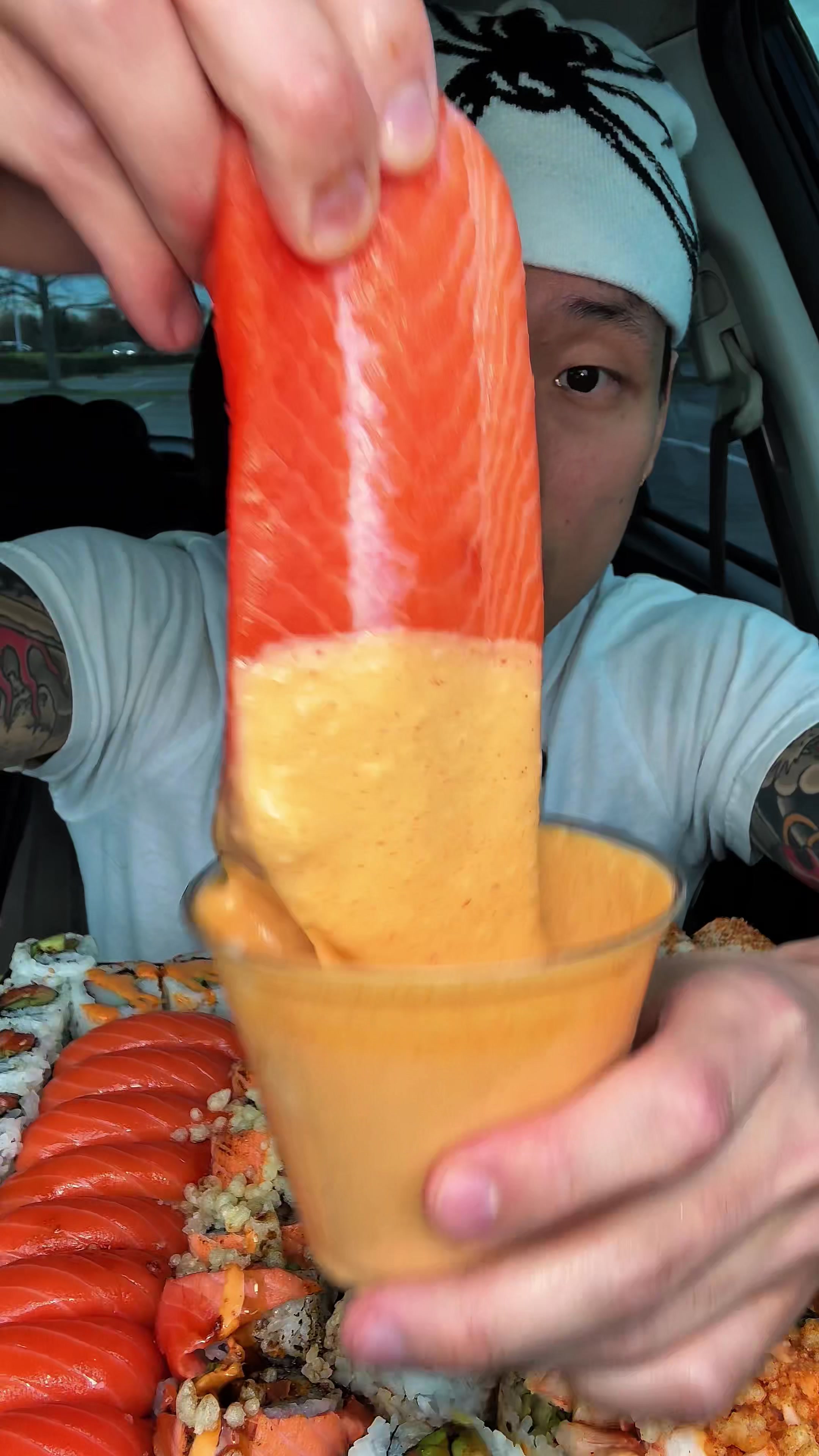 TikTok post by @shhhhimeating for OLIPOP. Caption reads: Trying sushi with @OLIPOP #olipoppartner #sushi....