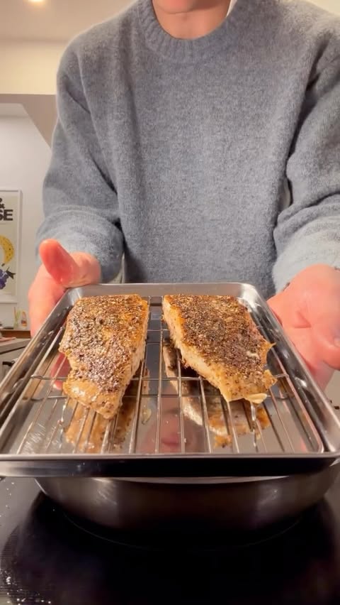 Instagram post by @max.baroni for Blue Apron. Caption reads: crispy salmon w chimichurri couscous from....