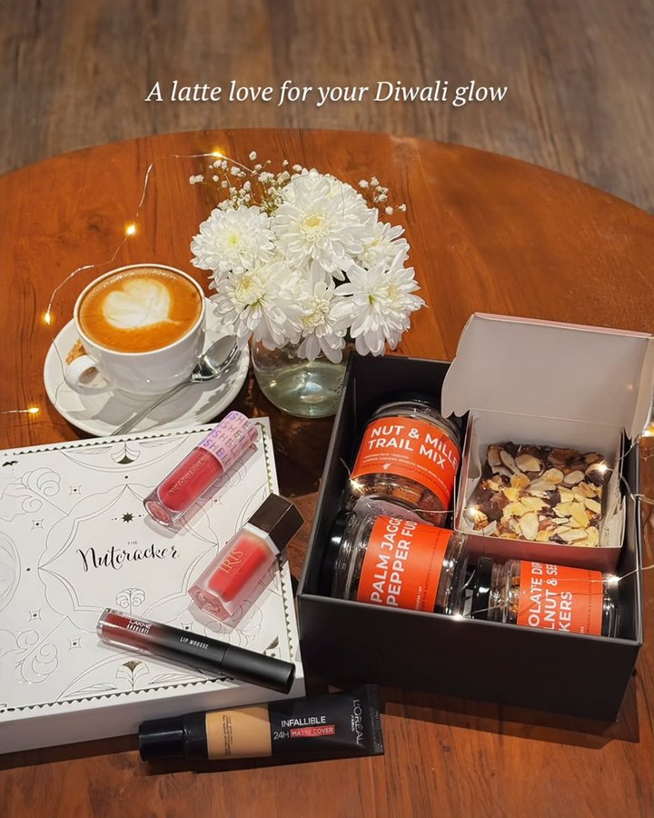 Instagram post by @thenutcrackermumbai for Tata CLiQ. Caption reads: When the coffee’s strong, but your glam’s stronger....