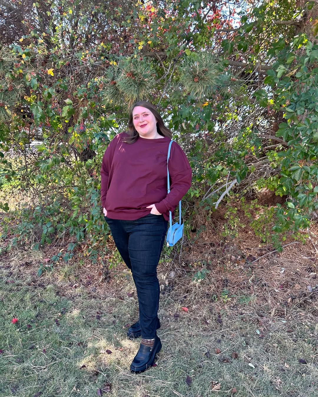 Instagram post by @thisisbecsanne for Universal Standard. Caption reads: Embracing the fall colors, one outfit at a....