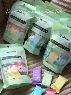 TikTok post by @wendyv.elly for Unifree US. Caption reads: [...] Compressed Towel Tablets 🍂🎀🤎|| @UnifreeUS....