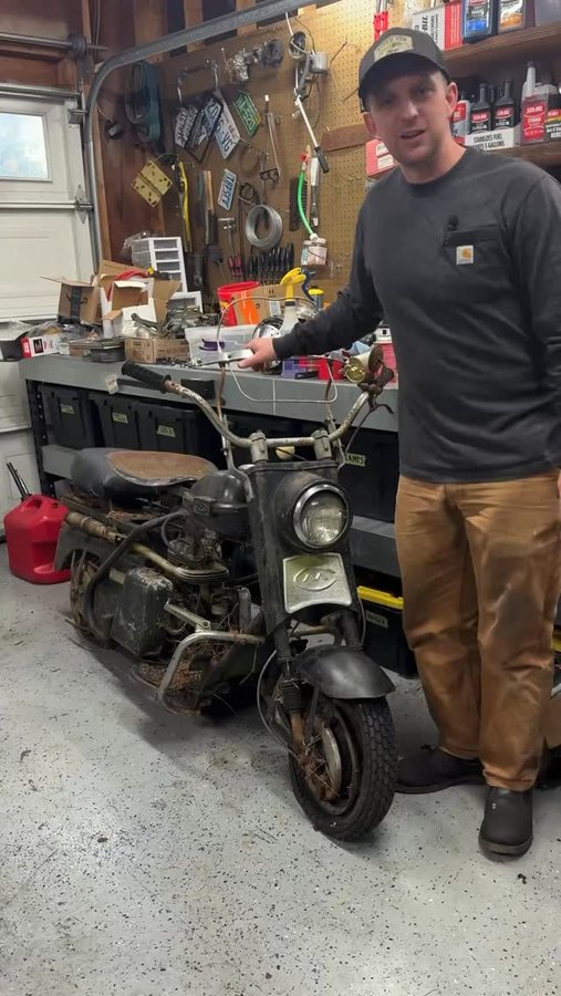 Instagram post by @the_barn_brothers for Carhartt. Caption reads: Old Cushman scooter. If you have engine parts for....