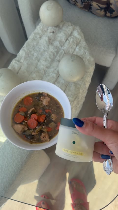 Instagram post by @liv.ingwell for Seed. Caption reads: [...] warm chicken + ginger breakfast soup +....