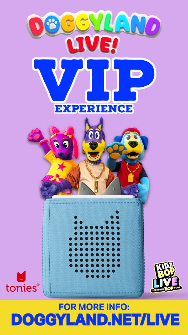 Instagram post by @doggyland_kids for Tonies. Caption reads: The #KIDZBOPLIVE Tour just leveled up! 🎉 Snag....