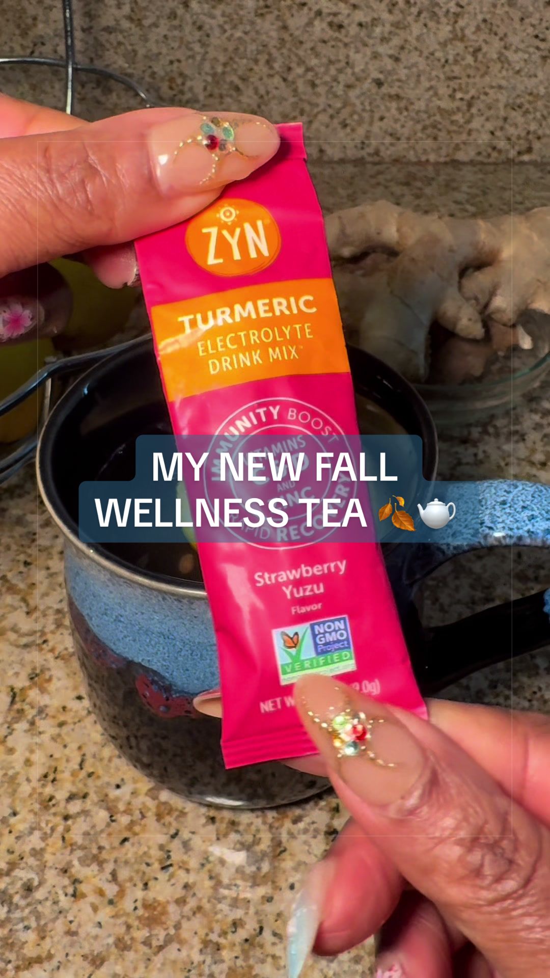 TikTok post by @regalascendant for Drink ZYN. Caption reads: Caption I turned my Drink ZYN into a hot turmeric....