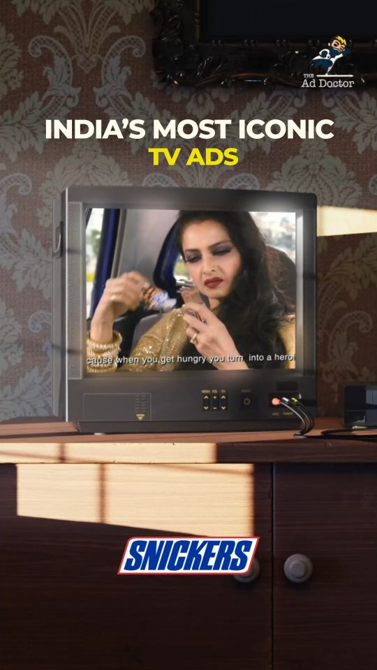 Instagram post by @the_ad_doctor for Snickers. Caption reads: A hungry cricketer suddenly turned into Rekha ji,....
