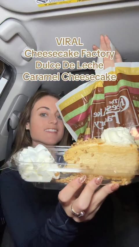 Instagram post by @sarahmargareteats for The Cheesecake Factory. Caption reads: VIRAL Cheesecake Factory Dulce De Leche Cheesecake....
