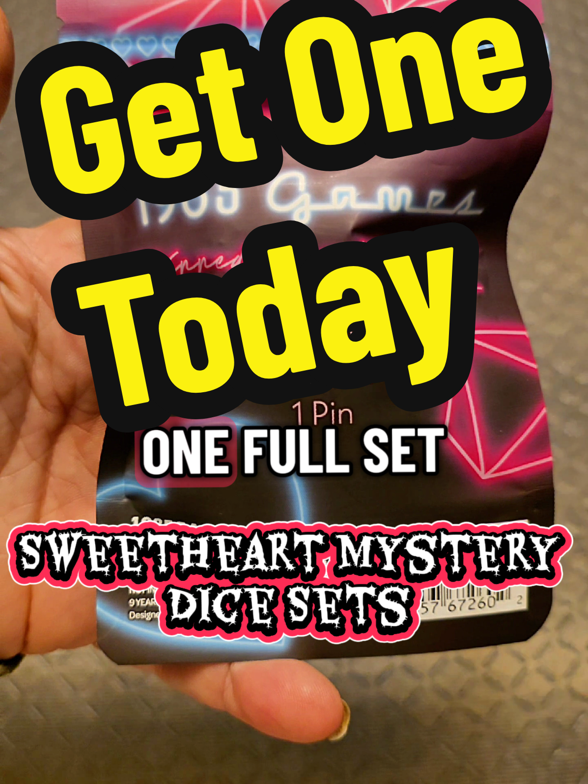 TikTok post by @ovarmo for 1985 Games. Caption reads: 6-Pack 1985 Games Sweetheart Mystery Dice Sets I....