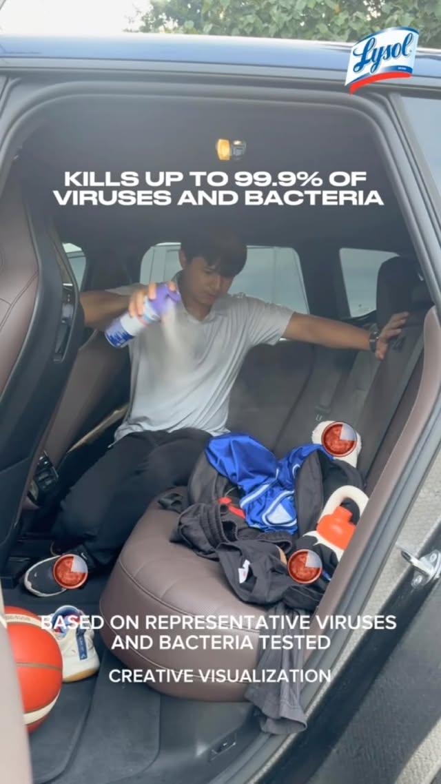 Instagram post by @raffyrabe_43 for Lysol. Caption reads: A quick sweep + Lysol Disinfectant Spray on key....