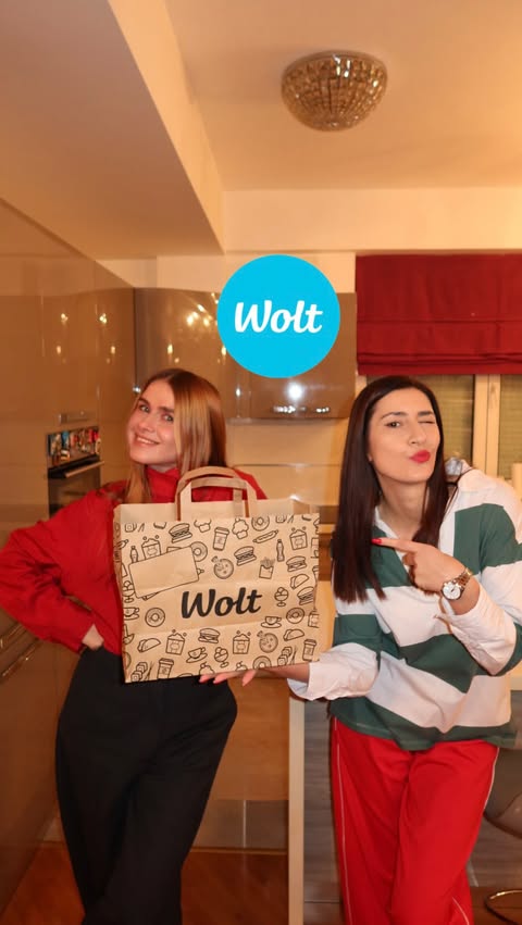 Instagram post by @jelenaspendjarska for Wolt. Caption reads: [...] подароци, со едно правило - само преку Wolt.....