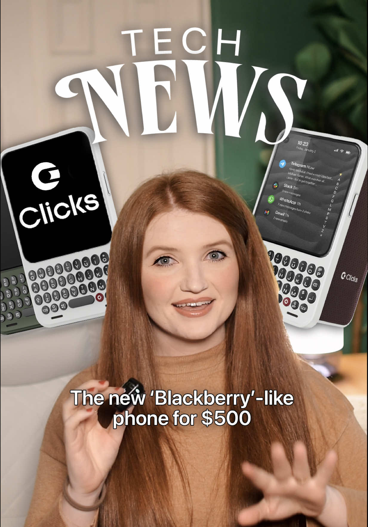 TikTok post by @thehippiehacker for Clicks. Caption reads: Clicks Communicator is the keyboard phone [...].