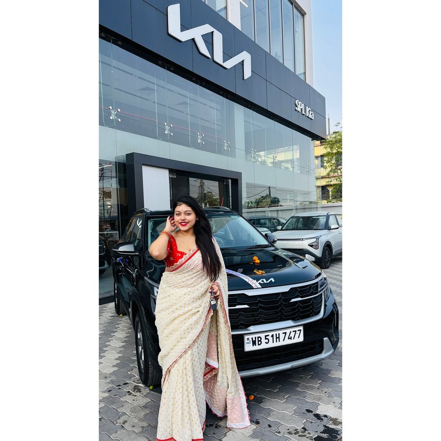 Instagram post by @neha_debnath_ for Kia. Caption reads: Finally my dream has come true 🚘 ❤️ Har Har....