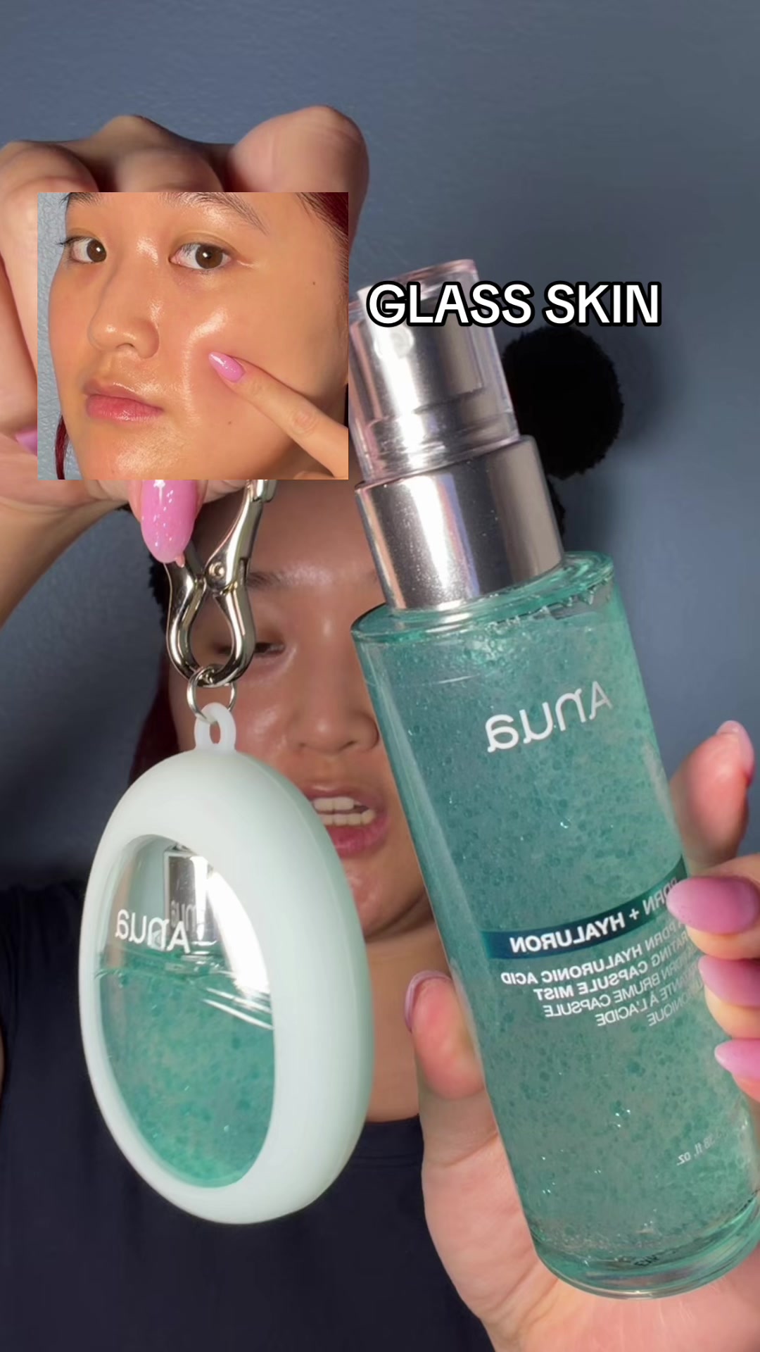 TikTok post by @trishlovesskincare for Anua. Caption reads: Literally glass skin!🩵✨ Anua PDRN Mist @Anua....