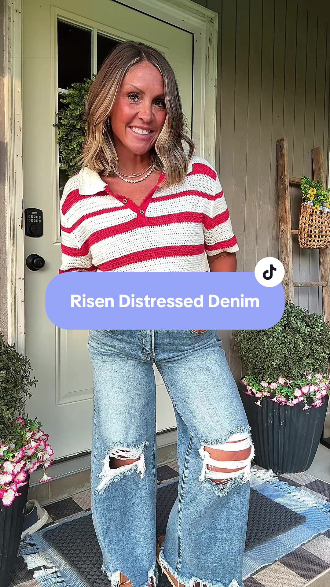 TikTok post by @loribeth_501 for Walker Rose Boutique. Caption reads: [...] distressed denim?! Yes, please! @Walker Rose....
