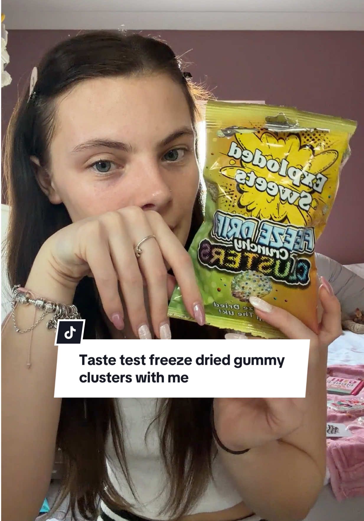 TikTok post by @_maddie.fry_ for Exploded Sweets. Caption reads: @Exploded Sweets taste test something I’ve never....
