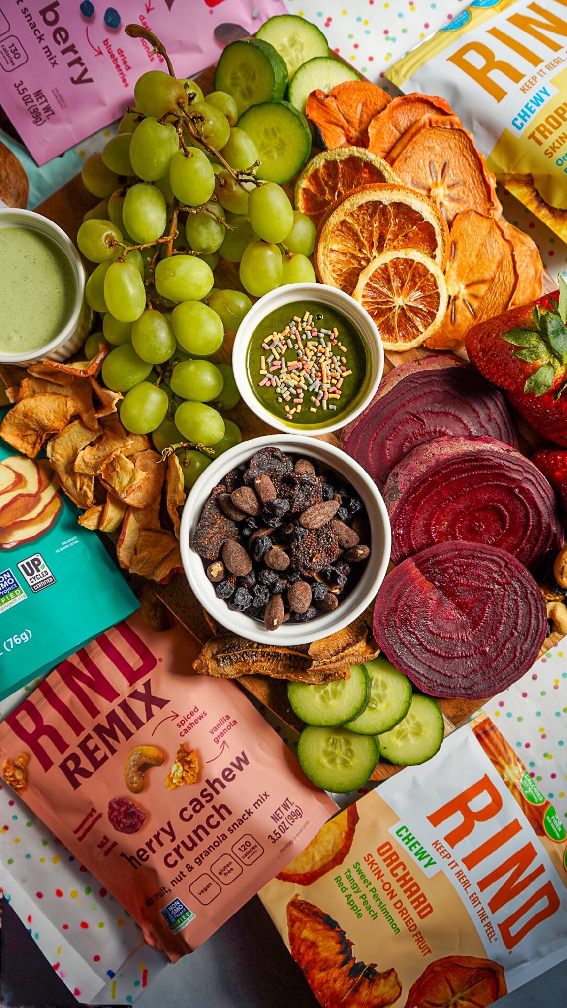 Instagram post by @purely_healthy_living for RIND Snacks. Caption reads: #RINDPartner Don’t chase the rainbow, create your....