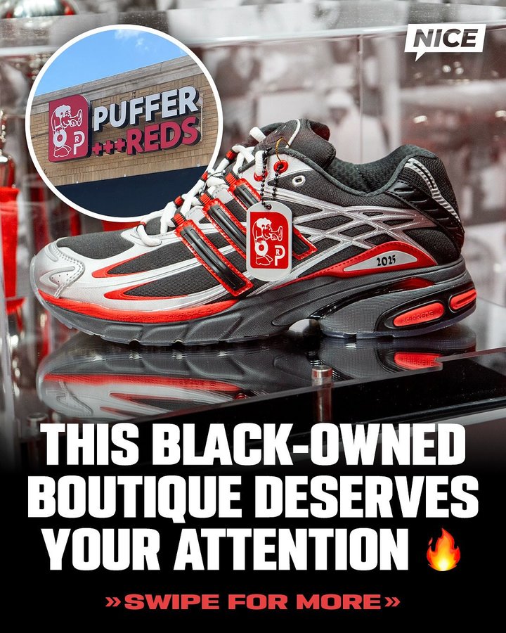 Instagram post by @pufferreds for Nice Kicks. Caption reads: Celebrating 45 years strong, Detroit sneaker shop....