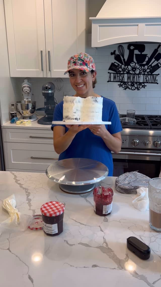 Instagram post by @whiskworthtasting for Bonne Maman. Caption reads: This is why layer cakes take so long to make!....