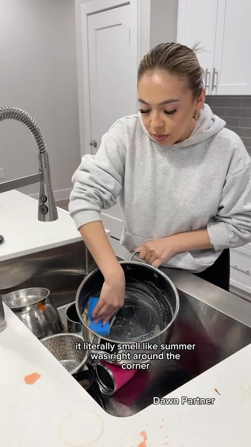 Instagram post by @michellepaaz for Dawn. Caption reads: Kitchen reset made easy 🧽💙 
#dawn_partner The....