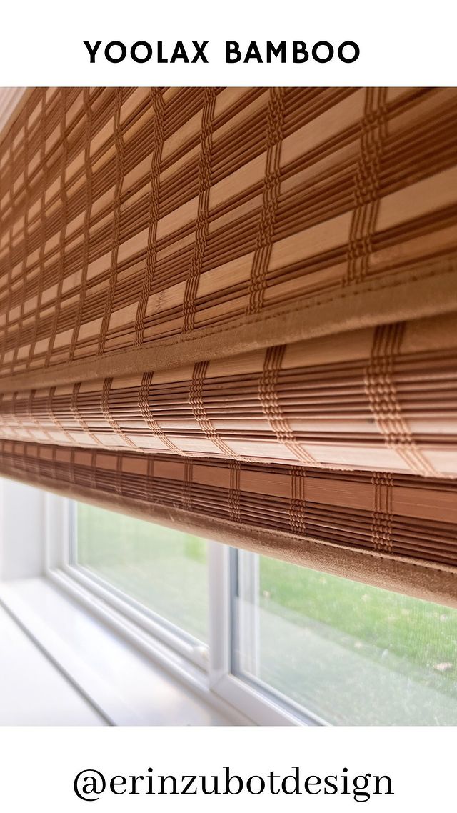 Instagram post by @erinzubotdesign for Yoolax Smart Blinds. Caption reads: [...] had motorized blackout blinds from....
