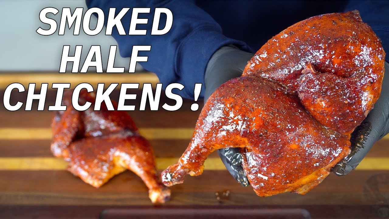 YouTube post by @AshKickinBBQ for ThermoWorks. Caption reads: JUICY Smoked Half Chickens On A Pellet Grill! |....