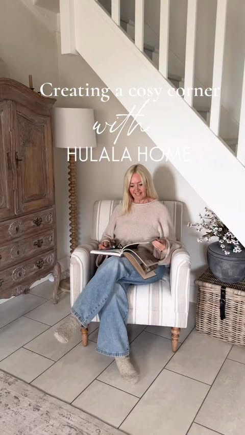 Instagram post by @shutters_and_stone for Hulalahome. Caption reads: [...] striped linen accent chair from....