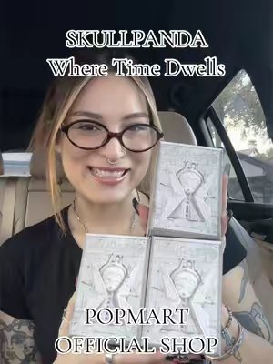 TikTok post by @edmeanie for POP MART US Localshop. Caption reads: SKULLPANDA Where Time Dwells🏛️ @POP MART US LOCAL....