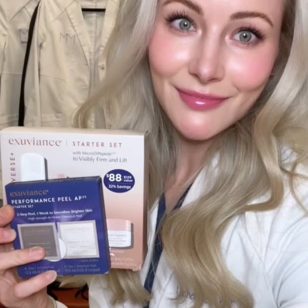 Instagram post by @derm.dr.rachel for Exuviance. Caption reads: [...] holidays upon us, I’m partnering with....