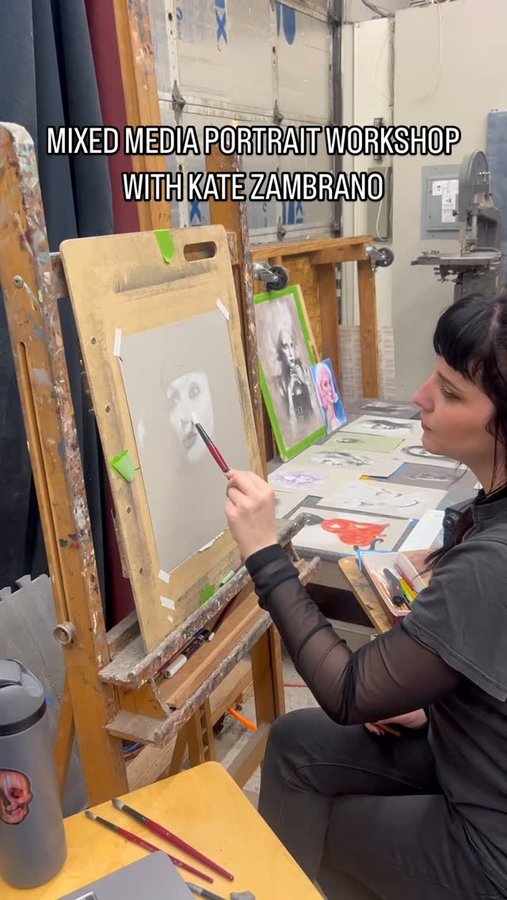 Instagram post by @katezambrano for Trekell Art Supplies. Caption reads: Stopped by Trekell Pro Team Artist @katezambrano’s....