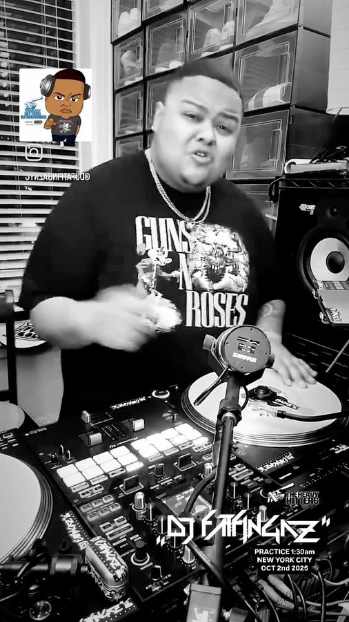 Instagram post by @djfatfingaznyc for HOT 97. Caption reads: [...] @mike_farrell84 @industrymixernyc @hot97....