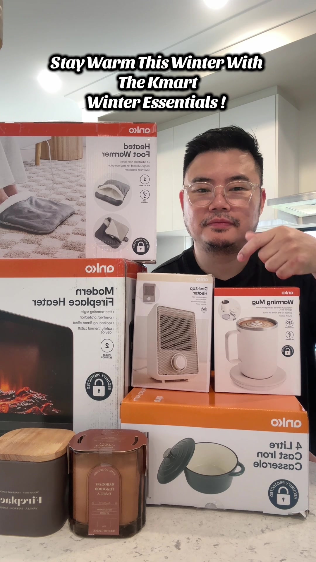 TikTok post by @keepingupwithkev6 for Kmart. Caption reads: Stay snug this winter with Kmart essentials! From....