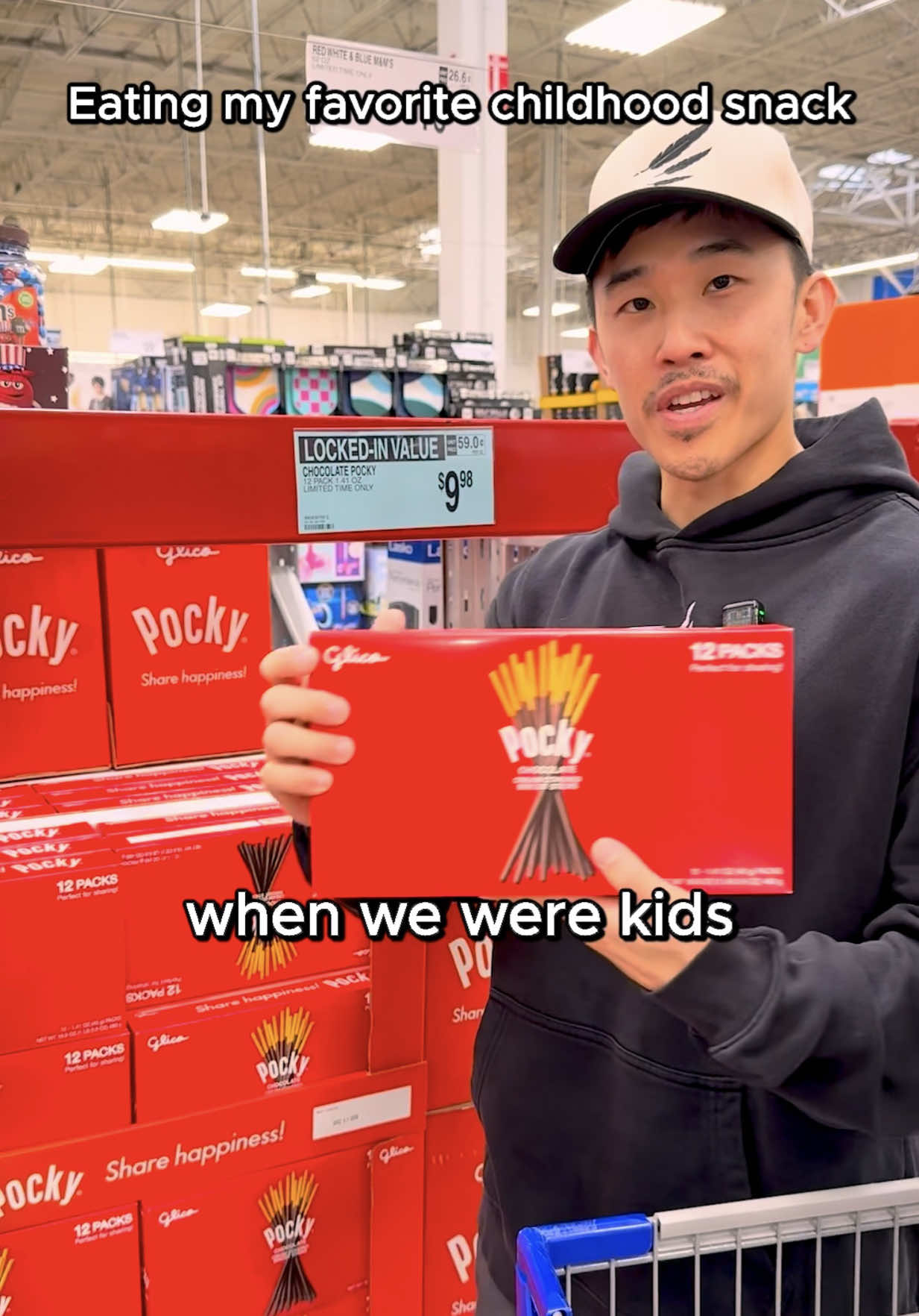 TikTok post by @checkoutvick for Sam’s Club. Caption reads: #ad Eating Pocky - My favorite childhood snack....