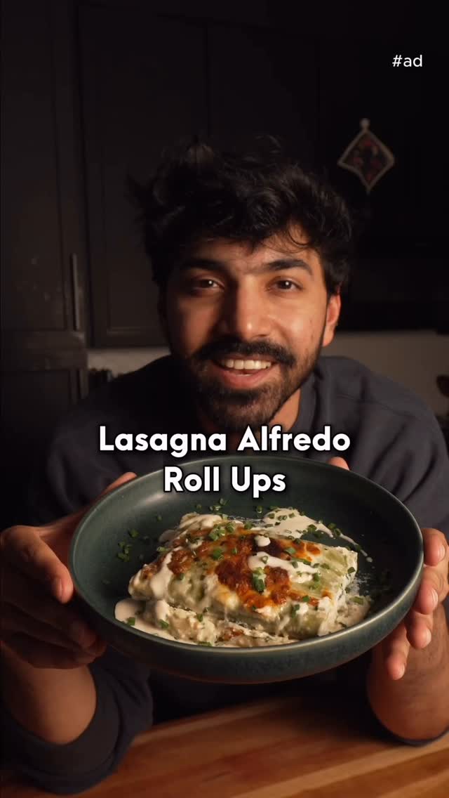 Instagram post by @chefron.cooks for Bertolli. Caption reads: EASY MEALS after WORK: Lasagna Alfredo Roll Ups....