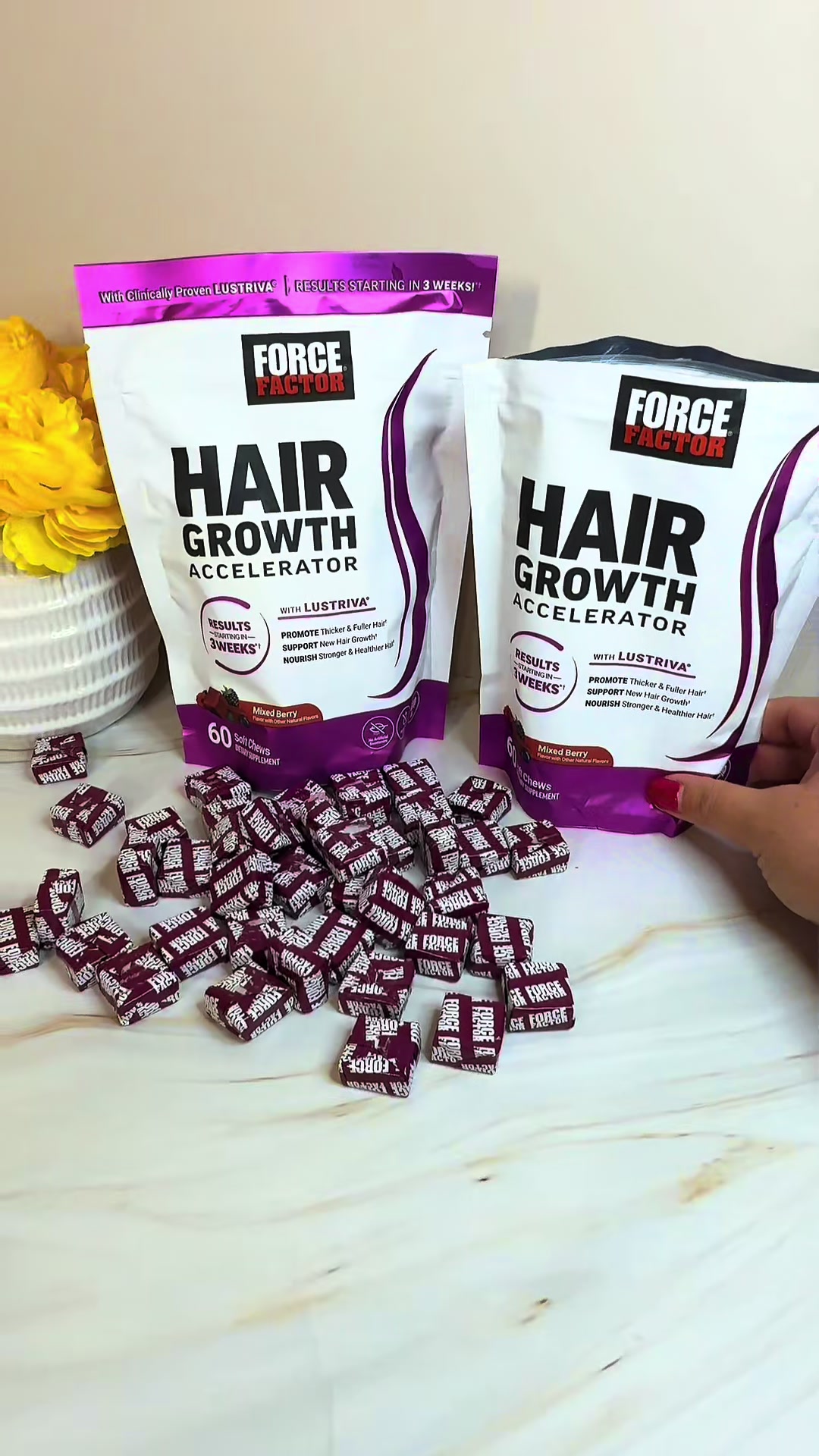 TikTok post by @soyjackiemendez for Force Factor. Caption reads: Force Factor Hair Growth Accelerator with....
