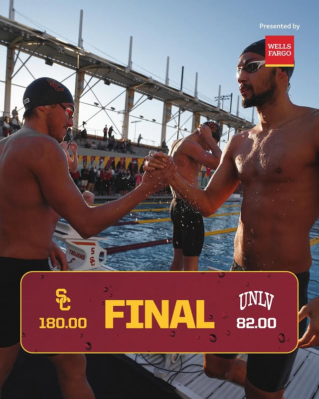 Instagram post by @uscswim for Wells Fargo. Caption reads: Dominant start to the new year ‼️✌️ @wellsfargo.