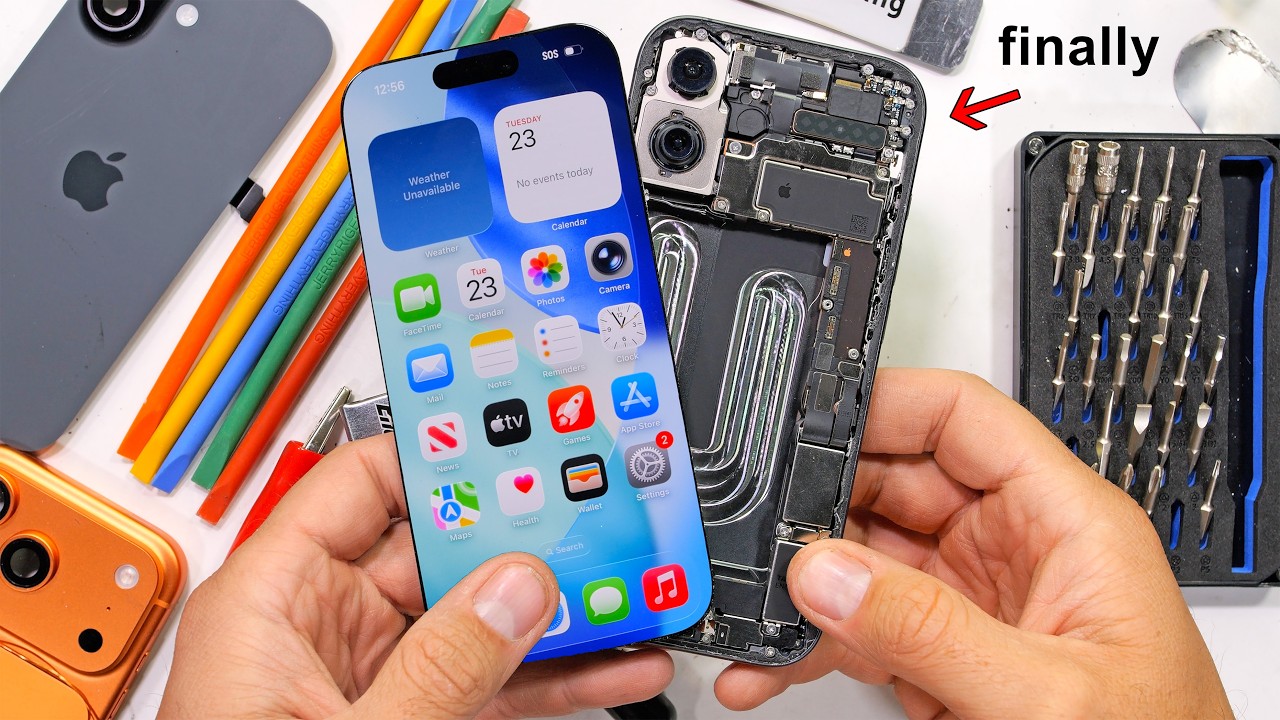 YouTube post by @JerryRigEverything for Dbrand. Caption reads: iPhone 17 Teardown - THEY FINALLY DID IT.