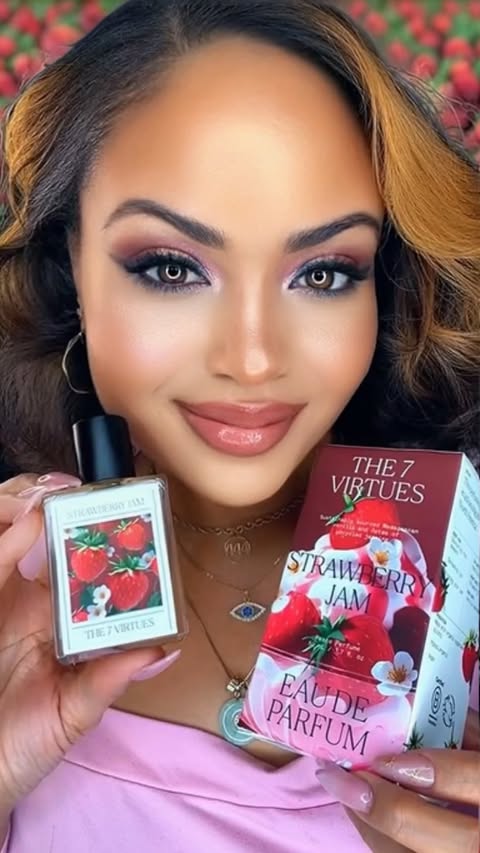 Instagram post by @pinkazucar for The 7 Virtues. Caption reads: [...] 🍓 with this new fragrance from @the7virtues....