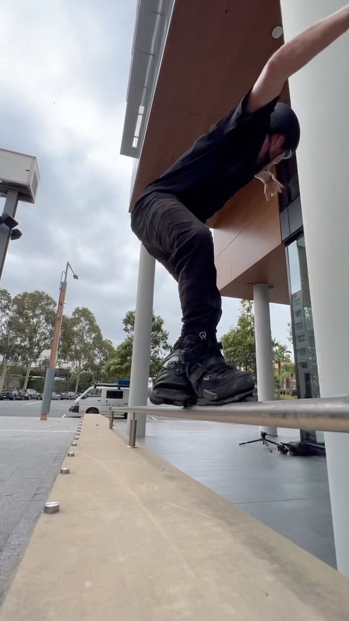 Instagram post by @cjwellsmore for Powerslide. Caption reads: Wear a helmet but don’t hit your face @ennuibrand....