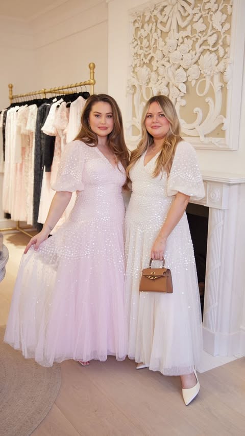 Instagram post by @emmagraceland for Needle & Thread. Caption reads: Ad Let’s do dress shopping properly this season,....