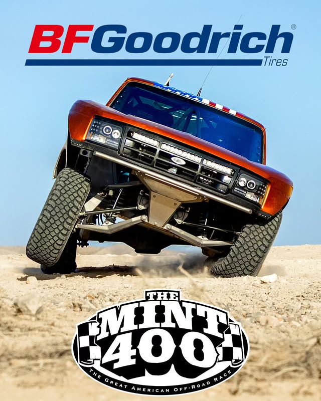 Instagram post by @allamericansender for BFGoodrich Tires. Caption reads: Teaming up with @bfgoodrichtires for @themint400....