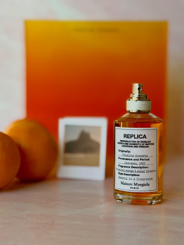 Instagram post by @samosaswmimosas for Maison Margiela Fragrances. Caption reads: [...] Chasing Sunsets fragrance by....