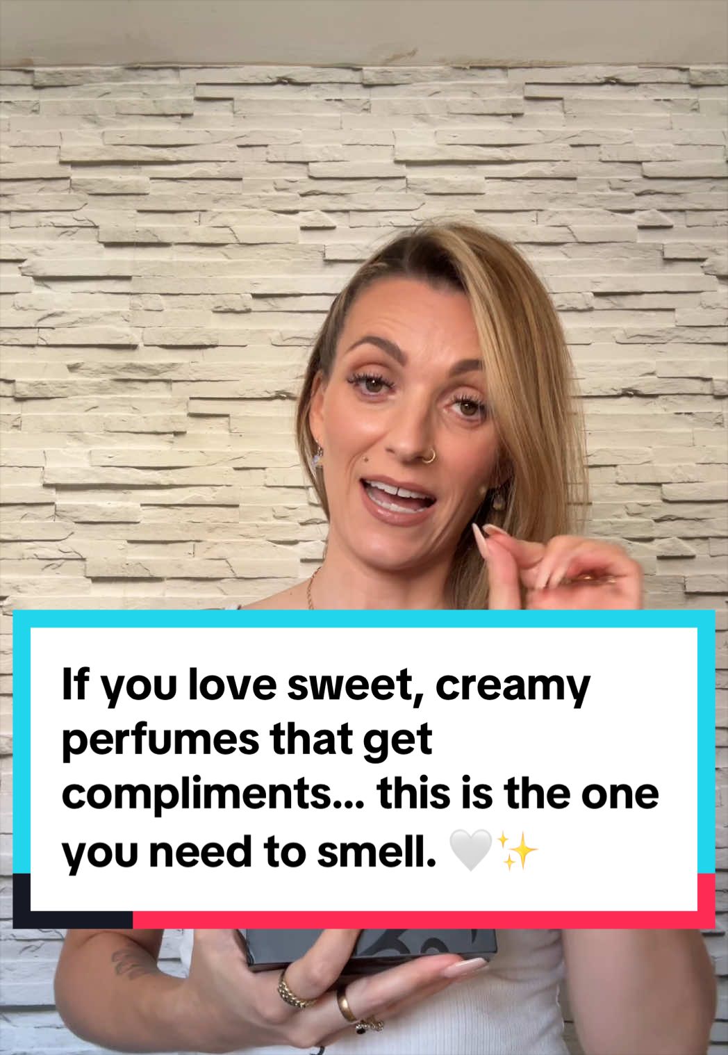 TikTok post by @sallyanneplumb for Salsabeel Perfumes. Caption reads: Creamy vanilla, coconut, caramel and praline all....