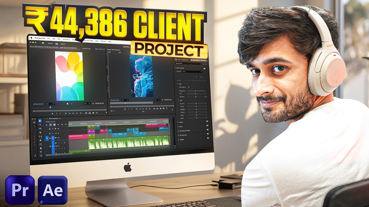 YouTube post by @aasil_khan_ for Udemy. Caption reads: POV: You're Editing a ₹44,386.75 Client Project....