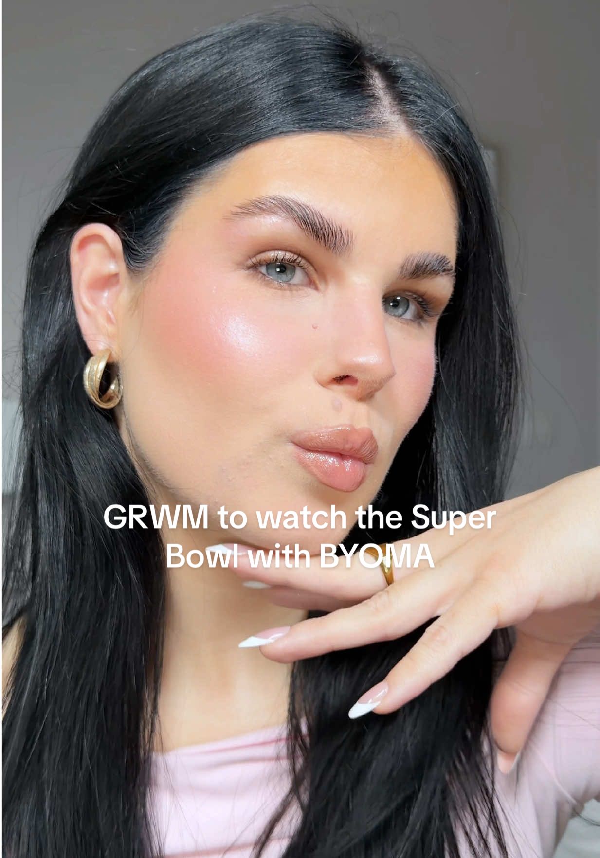 TikTok post by @abigailcanfieldd for BYOMA. Caption reads: so excited 💗🫧 @byoma #superbowl #sephora #grwm....