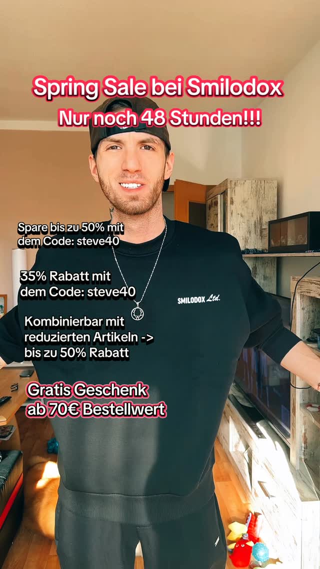 Instagram post by @steveofficial_04.12 for Smilodox. Caption reads: SPRING SALE BEI SMILODOX 🔥 Code: steve40....