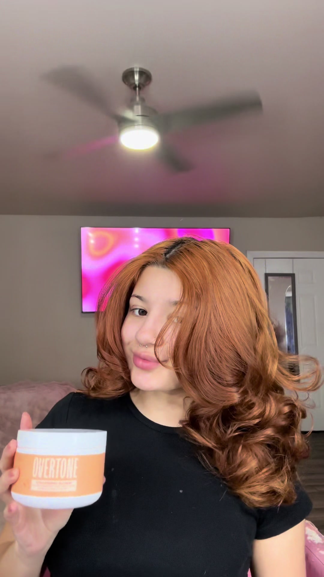 TikTok post by @fuerteashley for oVertone Color. Caption reads: Refresh my hair W/ me using @oVertone Color....